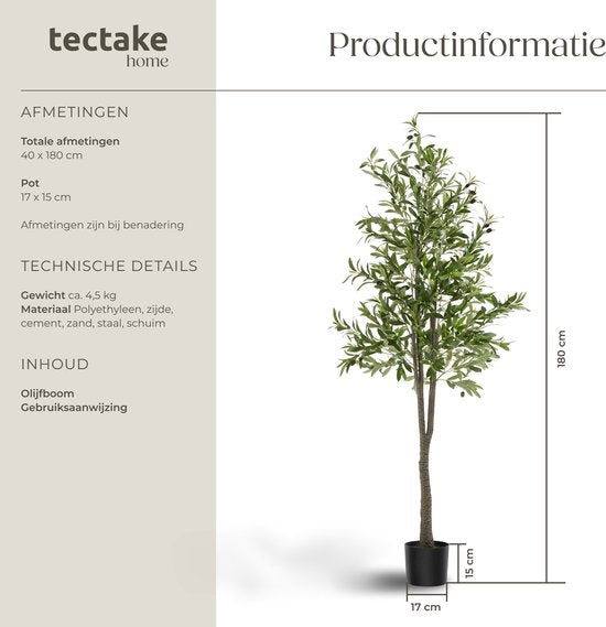 tectake - Künstlicher Olivenbaum Oleand - Mediterrane Kunstpflanze mit realistischen Blättern und Oliven - Pflegeleicht und vielseitig einsetzbar - Inklusive stabilem Blumentopf - Höhe: 180 cm