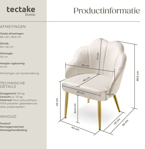 tectake Cocktailsessel - Gepolstert mit Samtbezug - Weich gepolstert - Geschwungene Rückenlehne - Beine aus pulverbeschichtetem Stahl - Creme/Gold