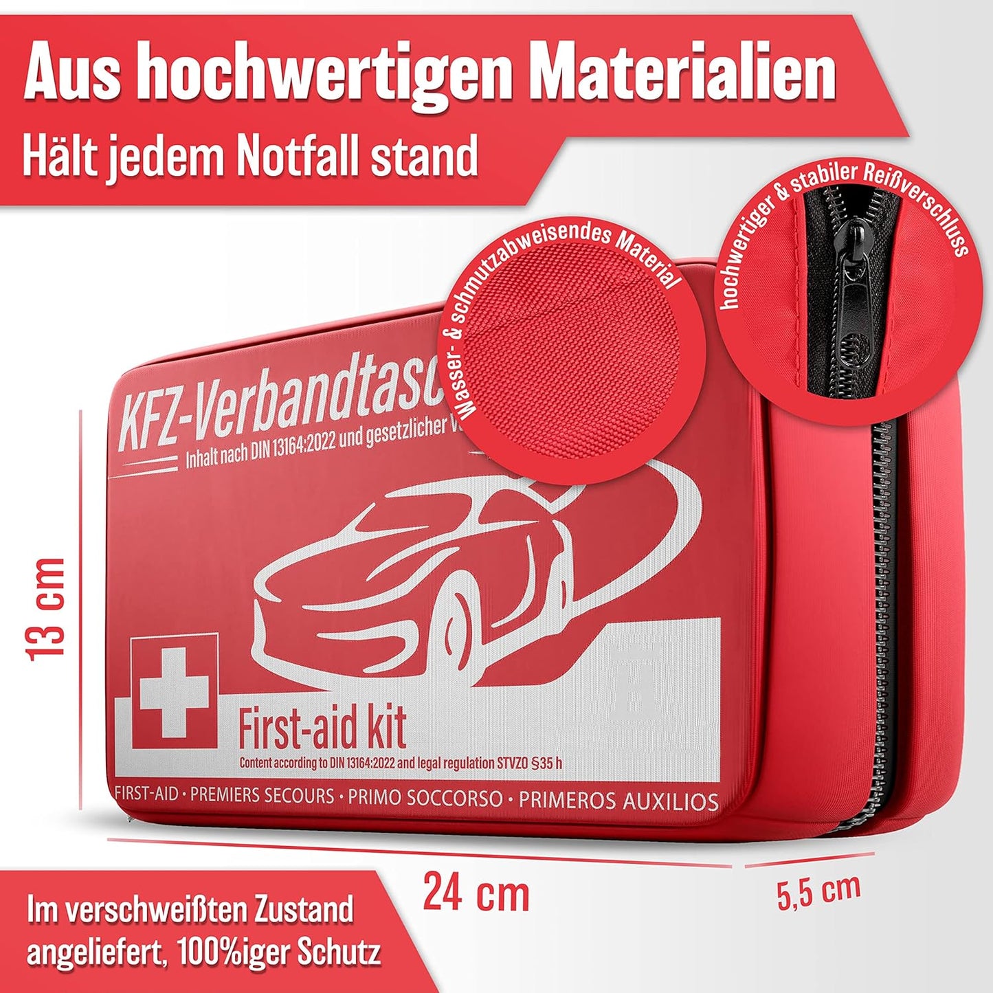 Hero's work Erste-Hilfe-Tasche für das Auto - Gültig in Europa - Erste-Hilfe-Kit nach der aktuellen Norm 2026