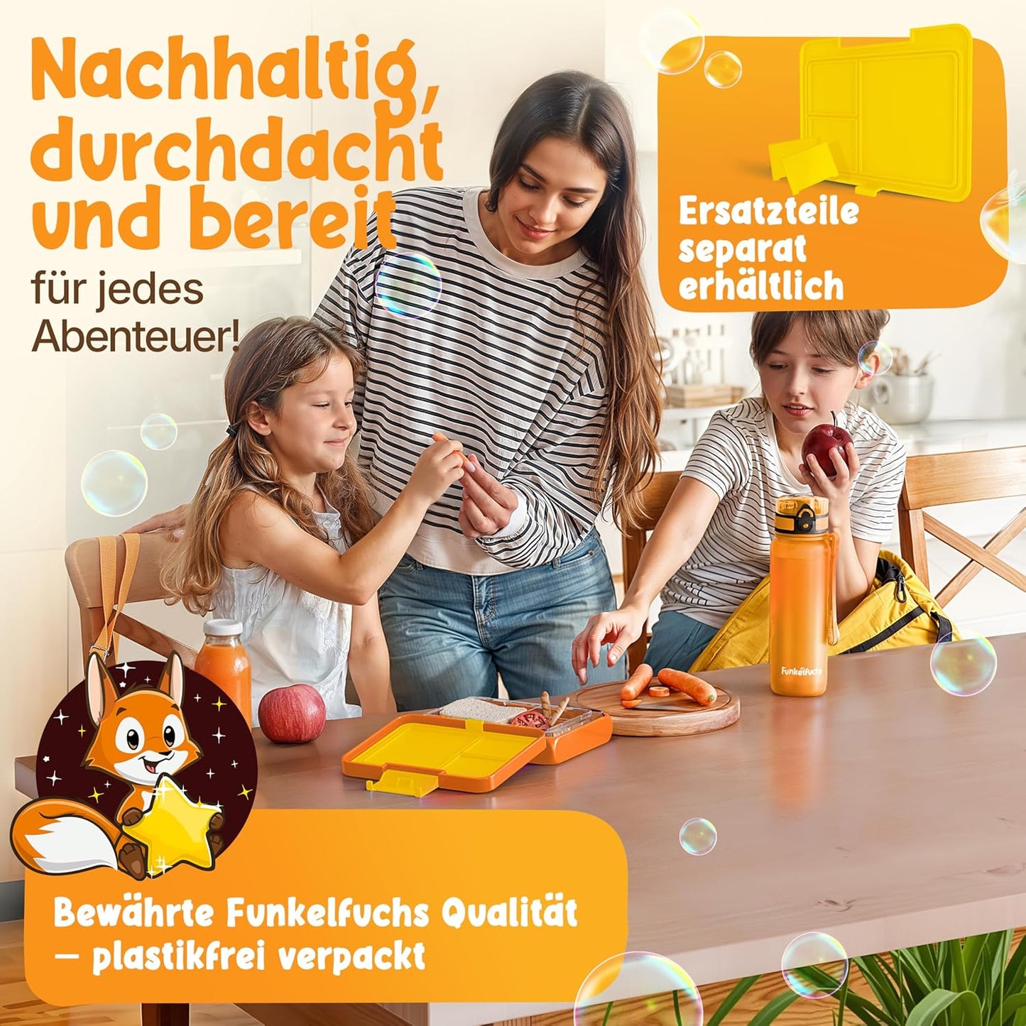 Funkelfuchs® - Lunchbox Kids mit Fächern - 500ml, orange - Lunchbox Stern, klein - Brotzeitbox, Snackbox, Lunchbox, Brotzeitbox, bento box kids - für Schule, Kindergarten und Krippe