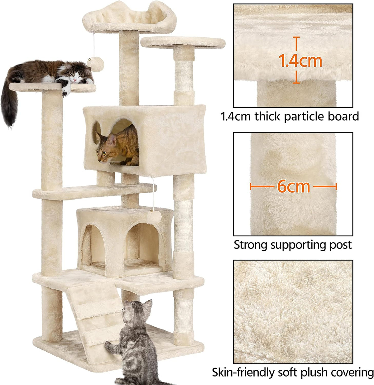 Yaheetech Katzenkratzbaum 137 cm - Beige - 49 x 49 x 137 cm - Mit 2 Häuschen, 3 Tellern und Sisal-Spielbällen