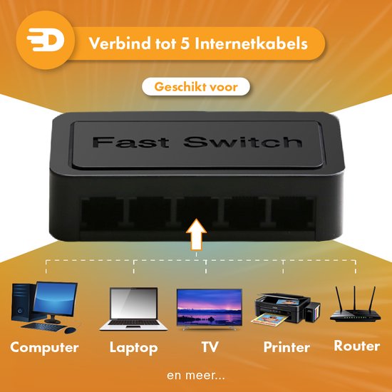 Drivv. Netzwerk-Switch - bis zu 1000Mbps - 5 Ports - Internet-Switch - RJ45-Splitter - schwarz