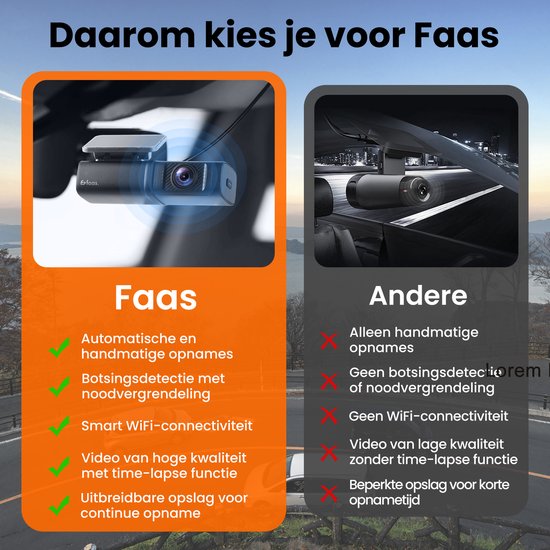 Dashcam für Auto vorne und hinten - 4K und 64GB - Dual Dashcam - G-Sensor und Zeitrafferfunktion - Schwarz - von Faas