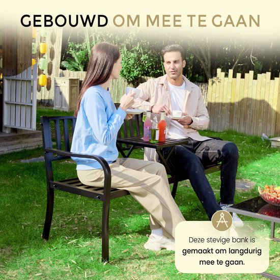 O'DADDY® Gartenbank mit Klapptisch - Gartenbank - Wetterfeste Bank - Gartenbänke - Bank für 2 oder 3 Personen - 150 x 60 x 87 cm - Schwarzes Metall