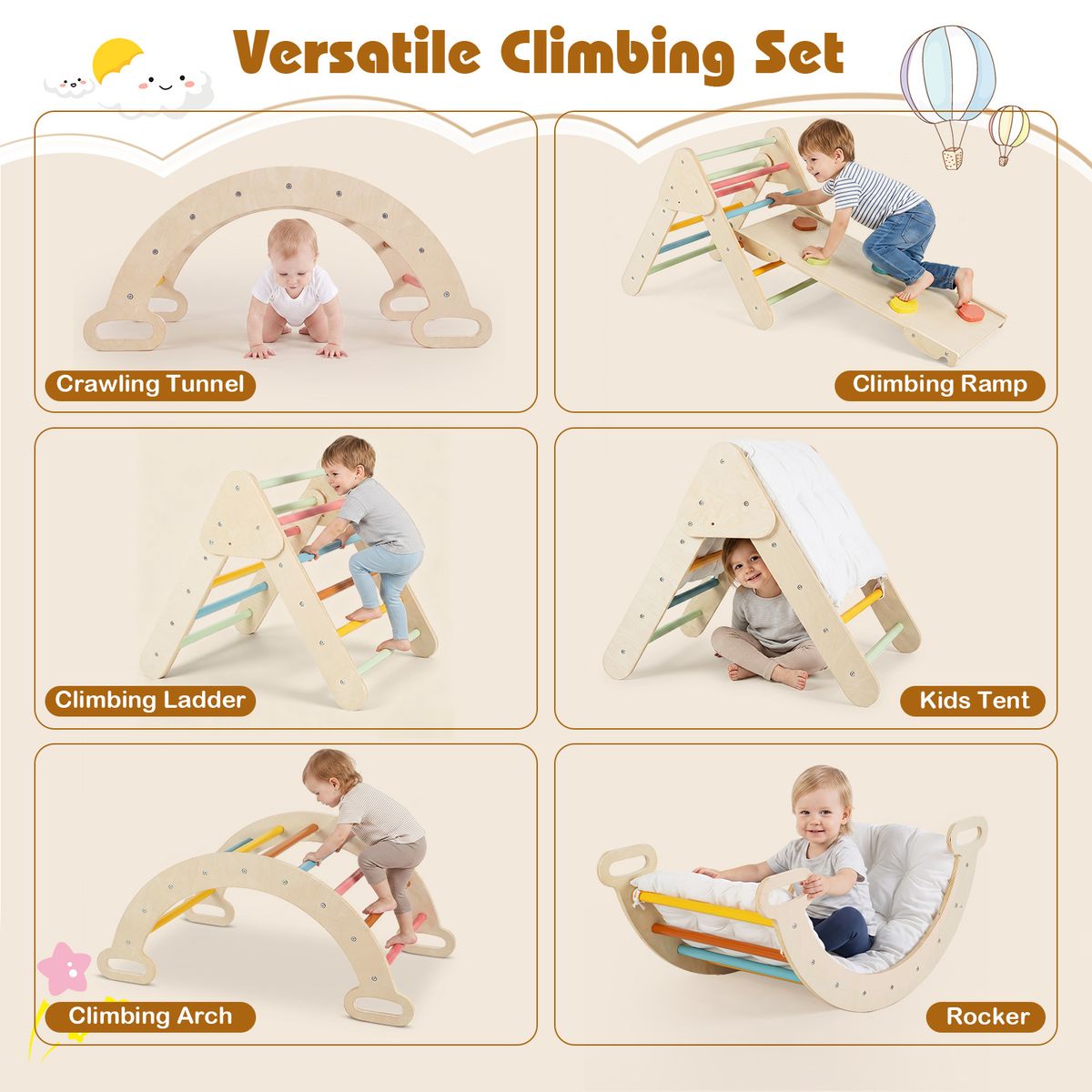Coast Montessori Klettergerüst aus Holz – 3-in-1-Spielset mit Kletterdreieck, Kletterbogen und Rutsche – farbenfroh