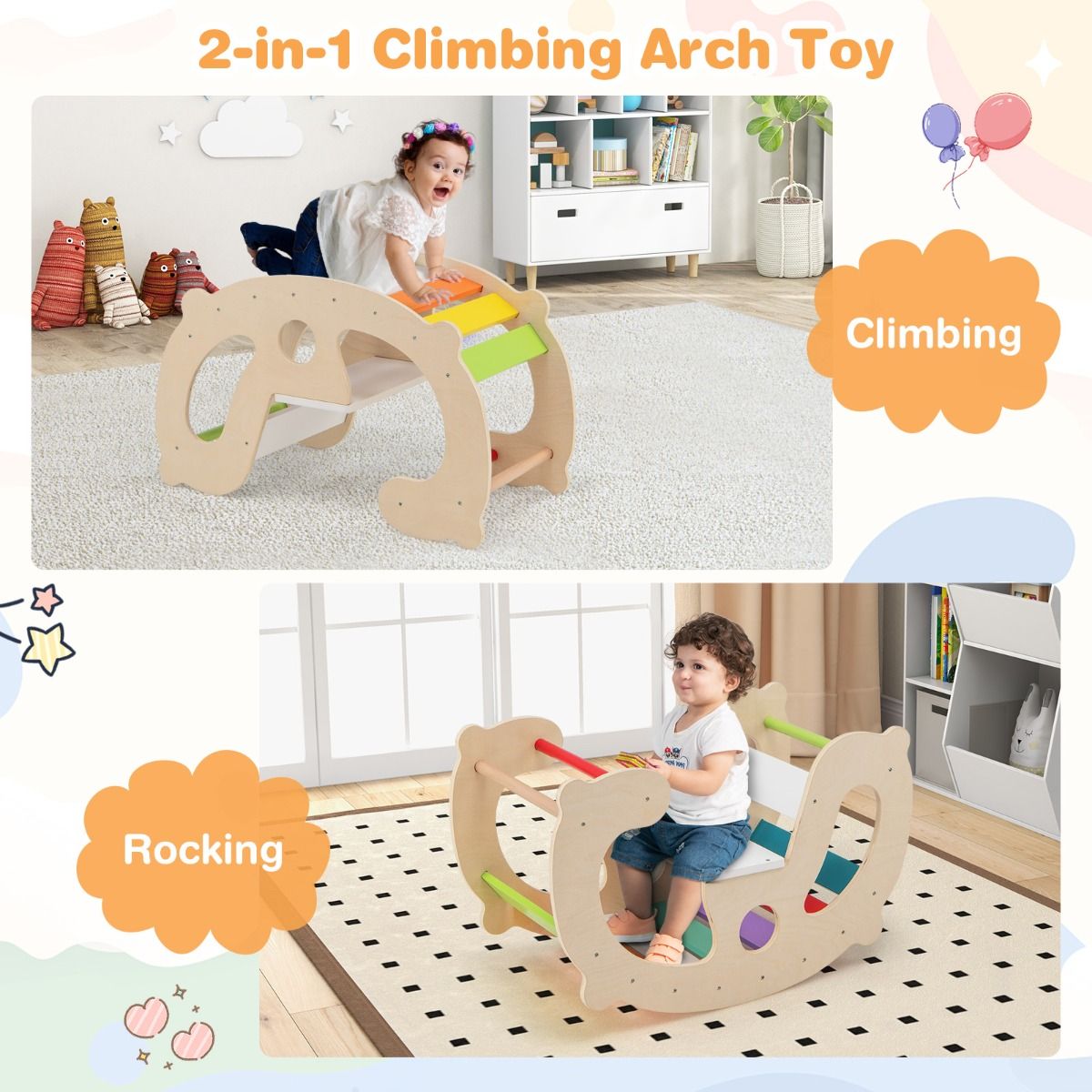 Coast 2-in-1 Schaukelpferd & Kletterbogen für Kinder - Buchenholz - 80 x 41,5 x 48,5 cm - Morekeur