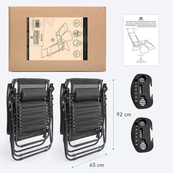 LifeGoods Faltbare Gartenstühle - mit Sonnendach - Verstellbarer Sonnenschirm - 2 Stück - 30°-90° verstellbar - Metall - Schwarz