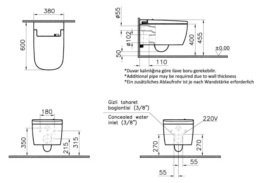 VitrA V-Care Basic WC-Set 37x56 cm Weiß - Schlanke Luxus-Wandtoilette mit Bidetfunktion