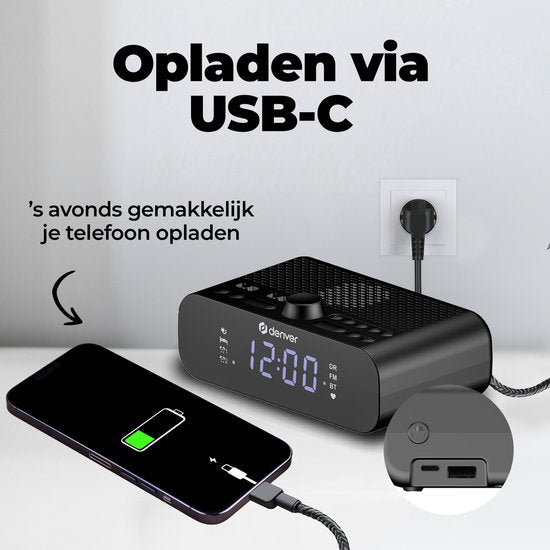 Denver Radiowecker DAB mit Bluetooth - Digitaler Wecker - Aufladen über USB-C - FM-Radio - Dualer Alarm - CRD515