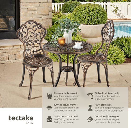 tectake® 2-Personen-Bistro-Set - Vintage Bistro-Tisch mit 2 Bistro-Stühlen - Aluminium-Bistro-Set für Garten, Terrasse oder Balkon - wetterfest - bronzefarben