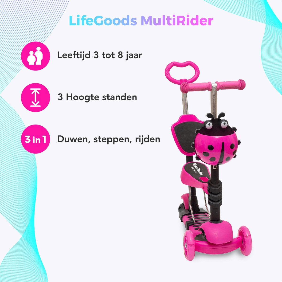 LifeGoods MultiRider - Kinderroller mit Lenker - 3 -8 Jahre - Jungen/Mädchen - 3 leuchtende Räder - Pink