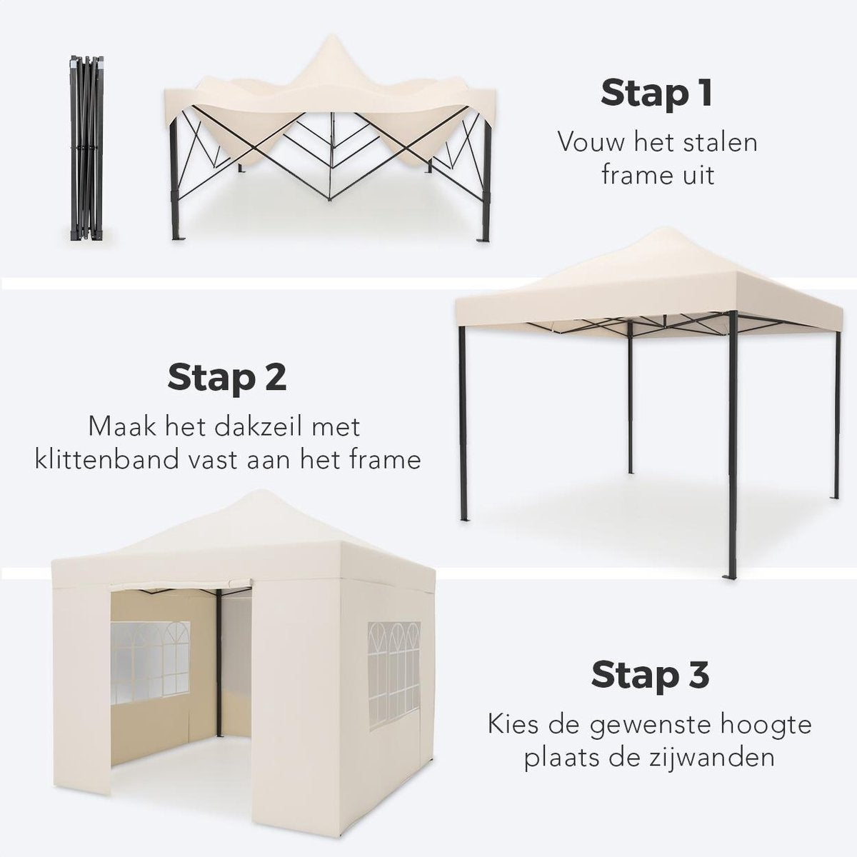 LifeGoods Partyzelt - Pavillon - 3x3 m - mit Seitenwänden - leicht aufbaubar - faltbar - wasserdicht - Tragetasche mit Rädern - Beige