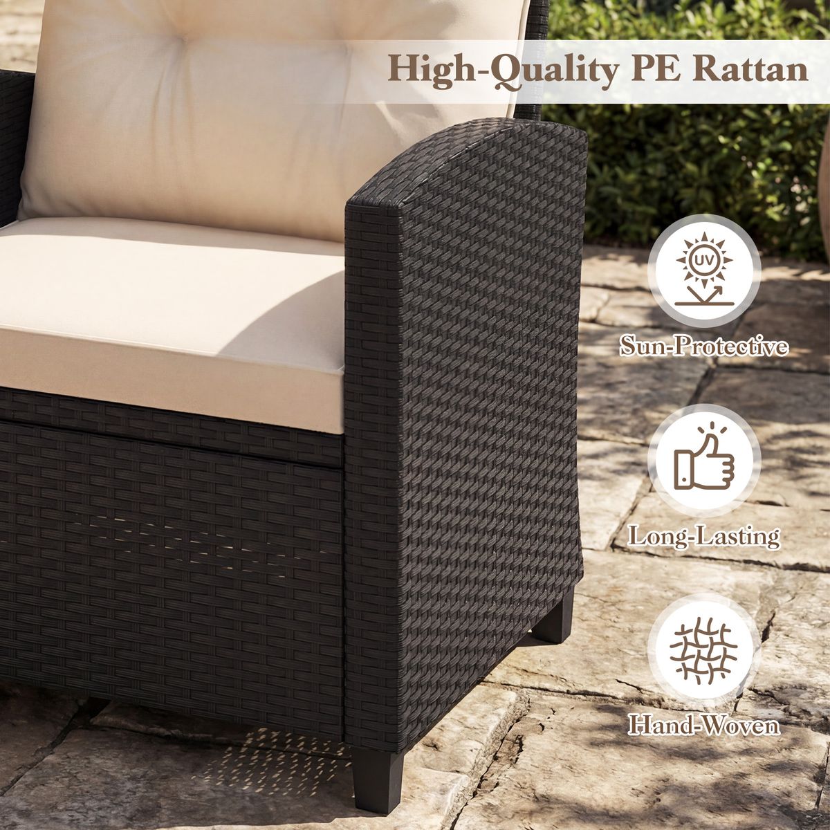 Coast 3-teiliges Rattan-Lounge-Set – mit Sitz- und Rückenkissen – Beistelltisch – beige