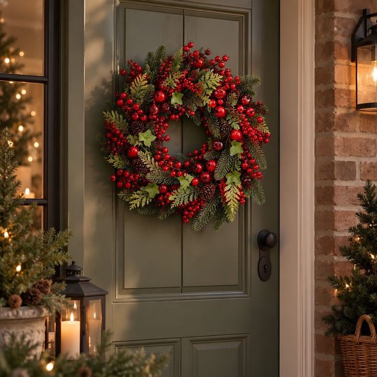 Mica Decorations Norah Weihnachtskranz mit Tannenzapfen – Weihnachtsdekoration im traditionellen Stil – Türkranz für den Flur oder die Haustür – H 13 x Ø 50 cm – Rot und Grün