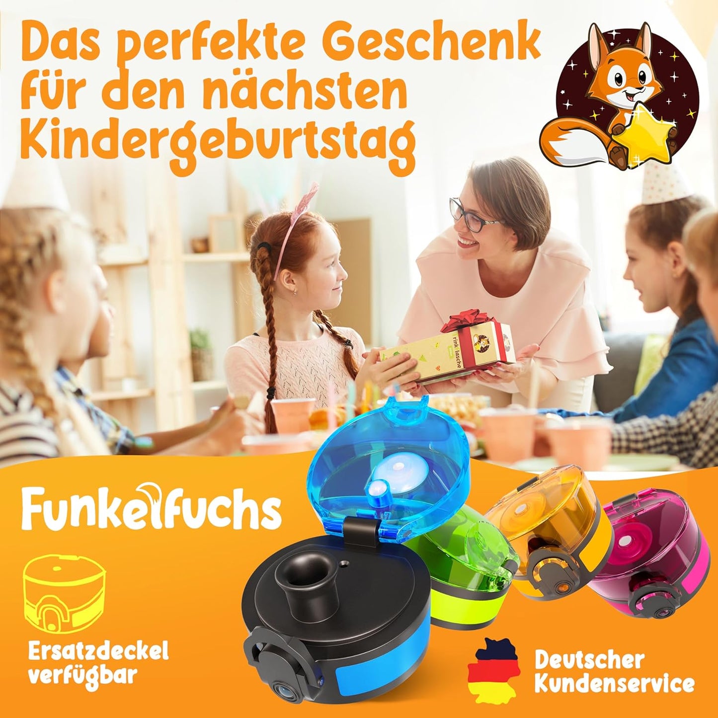 Funkelfuchs® - Trinkflasche für Kinder - 500ml, blau - mit Kohlensäure - 100% auslaufsicher - Wasserflasche spülmaschinenfest - für Kindergarten, Schule, Sport