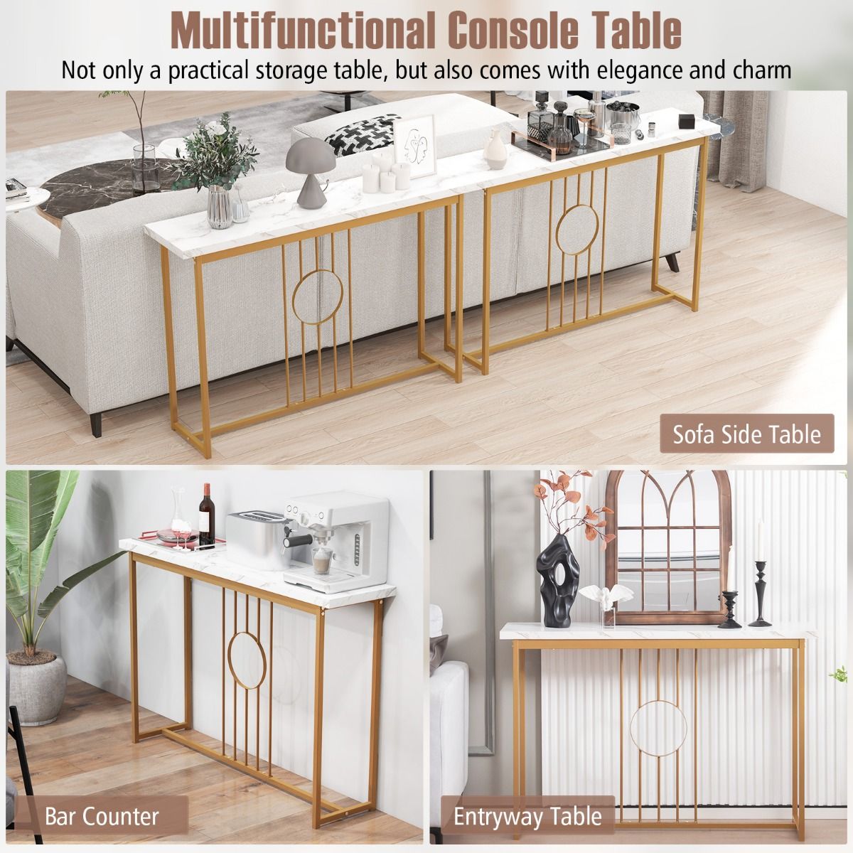 Coast Beistelltisch in Marmoroptik mit Metallrahmen - 120 x 30 x 80,5 cm - Weiß + Gold