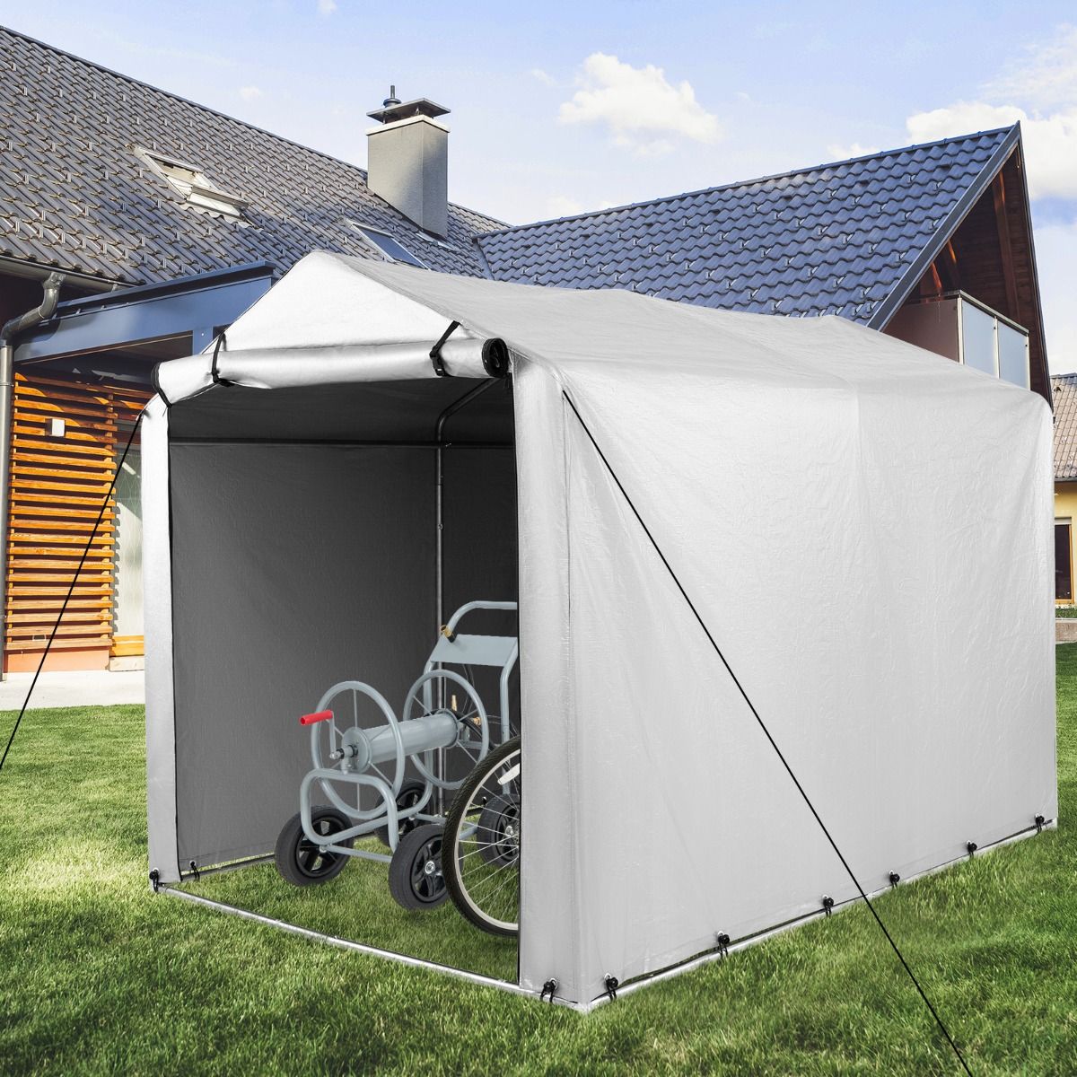 Coast 160 x 218 x 164 cm Grau Fahrradaufbewahrung und tragbare Garage mit aufrollbarer Reißverschlusstür