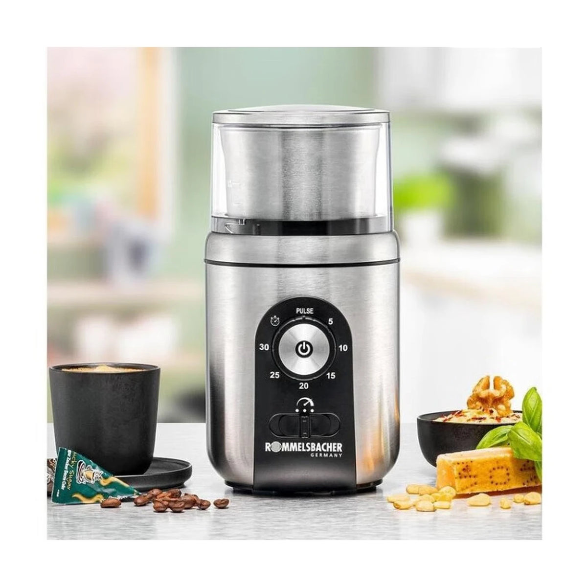 Rommelsbacher Kaffee- und Gewürzmühle EGK 250 – Edelstahl – 200 W – 2 Mahlbecher – Pulsfunktion – 10,5 x 11,5 x 20,2 cm