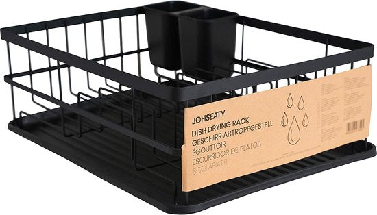 JOHSEATY Geschirrkorb schwarz matt Metall (42x31,5x15,5cm) Geschirrkorb für Arbeitsplatte mit Besteckhalter und Kunststofftropfschale für Regal