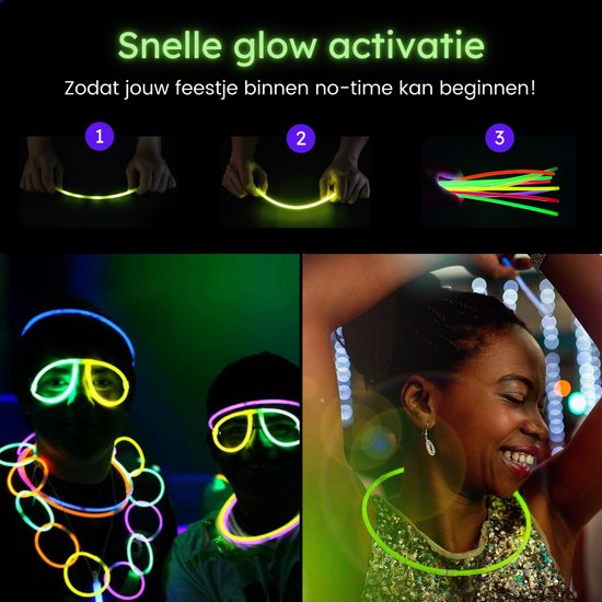 Partizzle 300 Stück Glow in the Dark Sticks - Extra Thick - Incl. Glowsticks Connectors - Breaking Sticks - Neon Karneval Party Artikel - Geburtstag Neujahr Party Dekorationen - 7 Farben