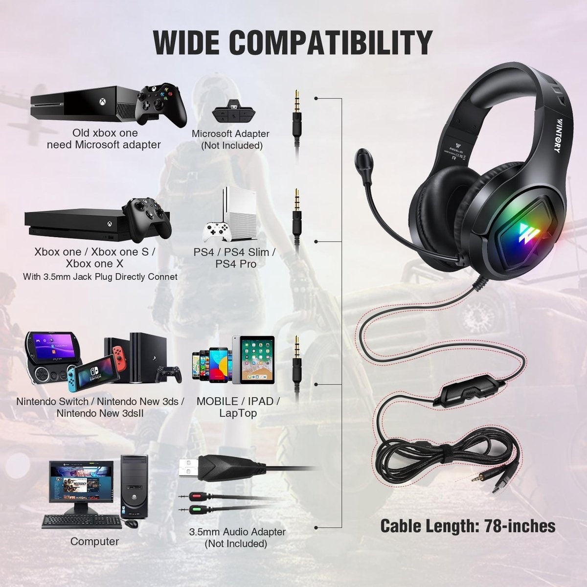 WINTORY M1 RGB Gaming Headset - PS4, Xbox One & Laptops - Schwarz