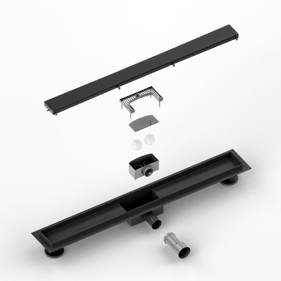 Duschrinne – 70 cm – Mattschwarz – Fliesengitter – Edelstahl – Mit Flansch