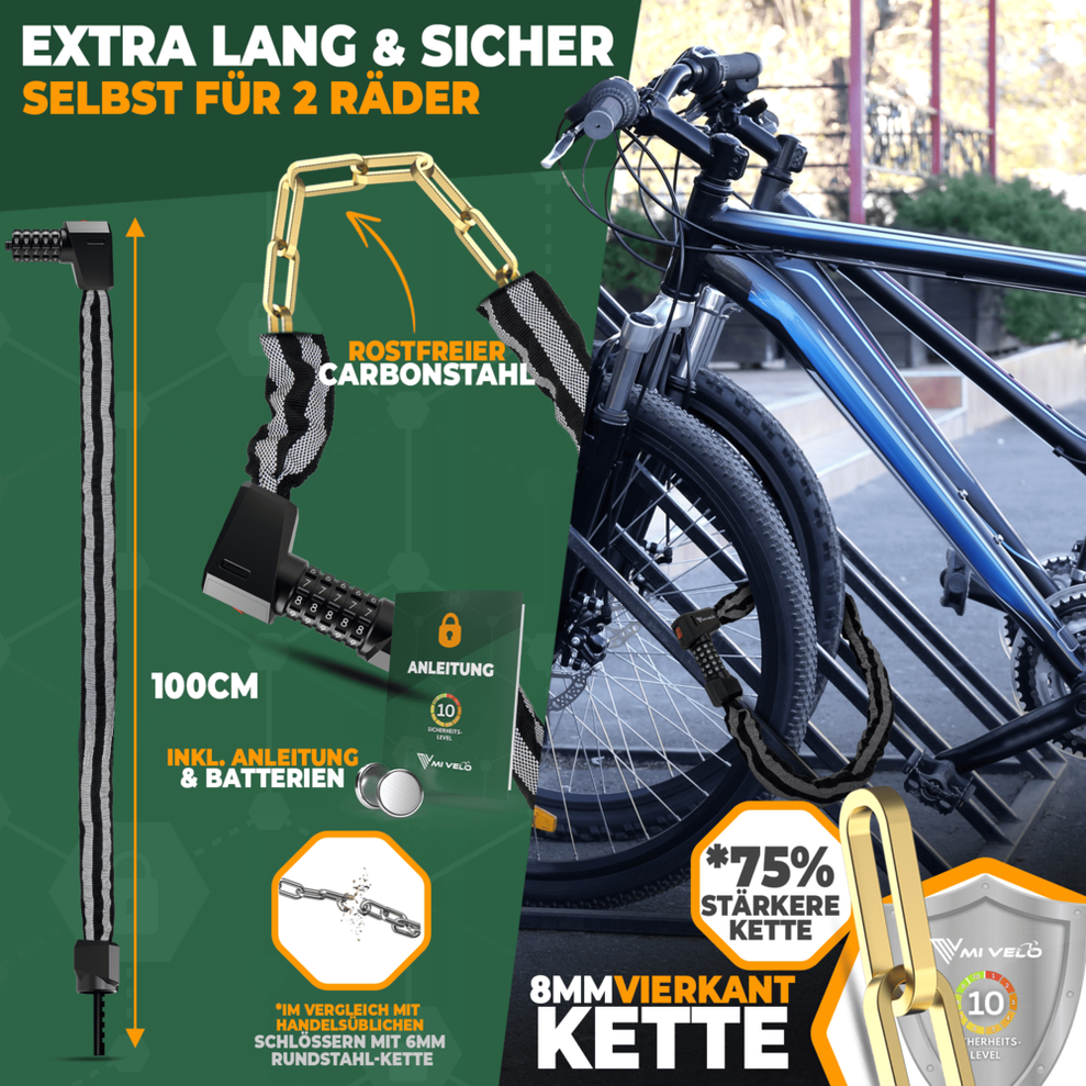 Mivelo Kettenschloss 100 cm – Zahlenschloss mit LED – Edelstahl – Schwarz