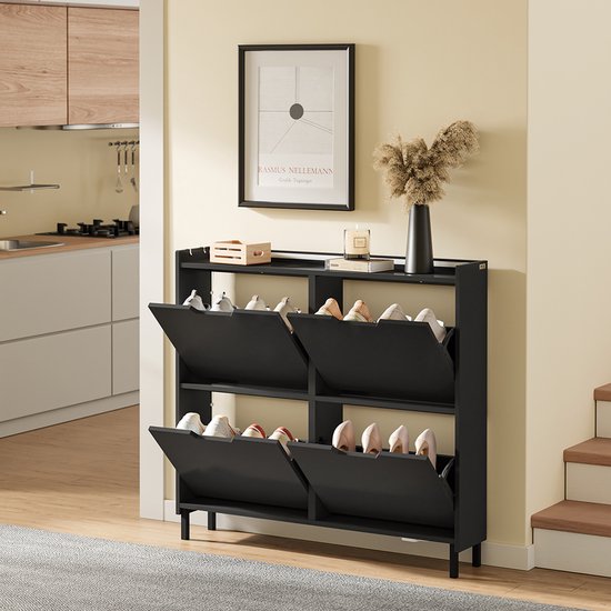 SoBuy Schuhschrank für den Eingangsbereich – Schuhregal aus Holz mit LED-Beleuchtung und Design – Für den Eingangsbereich und den Flur, für kleine Räume – Schwarz, 100 x 19 x 93 cm, FSR100-E-SCH