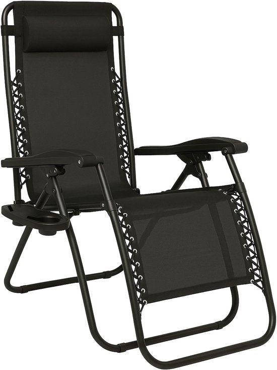 Brixy Faltbarer Gartenstuhl - Liegestuhl - Faltbar - Verstellbar - Ergonomisches Kopfkissen - Metall - Textil - Schwarz