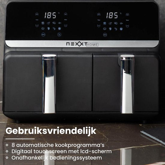 Nexxt Digital Double Airfryer XXL - Heißluftfritteuse mit Touchscreen - Fassungsvermögen 5,5 + 3,5 Liter - 8 Kochprogramme - Schwarz