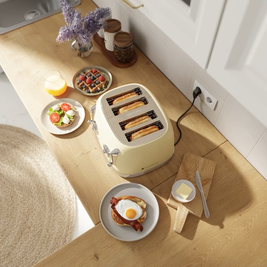 KitchenBrothers Retro-Toaster - Toaster - 6 Heizstufen - 4 extra breite Schlitze - 815W - Beige