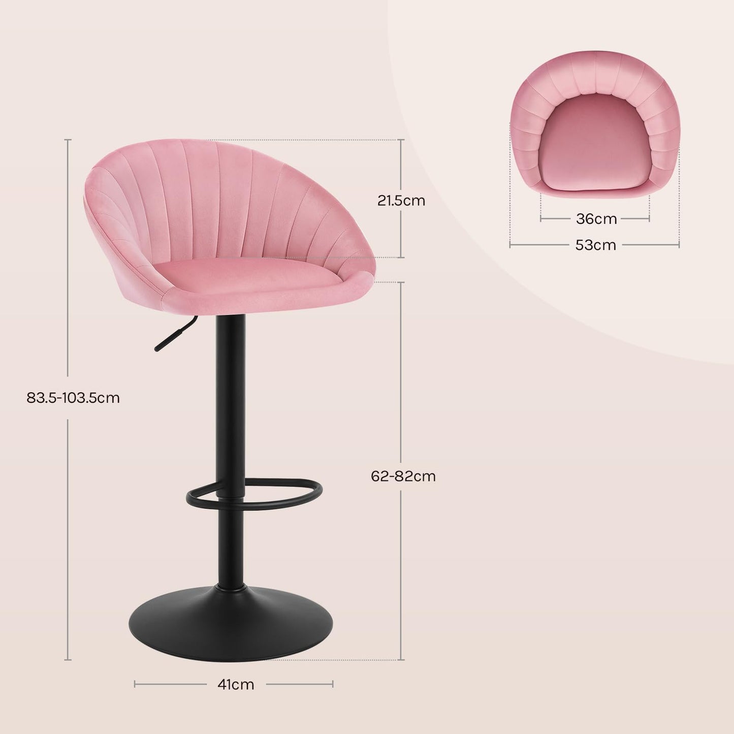 WOLTU BH428rs-1 Barhocker – höhenverstellbar und drehbar – rosa Samt – mit Rückenlehne – max. 150 kg