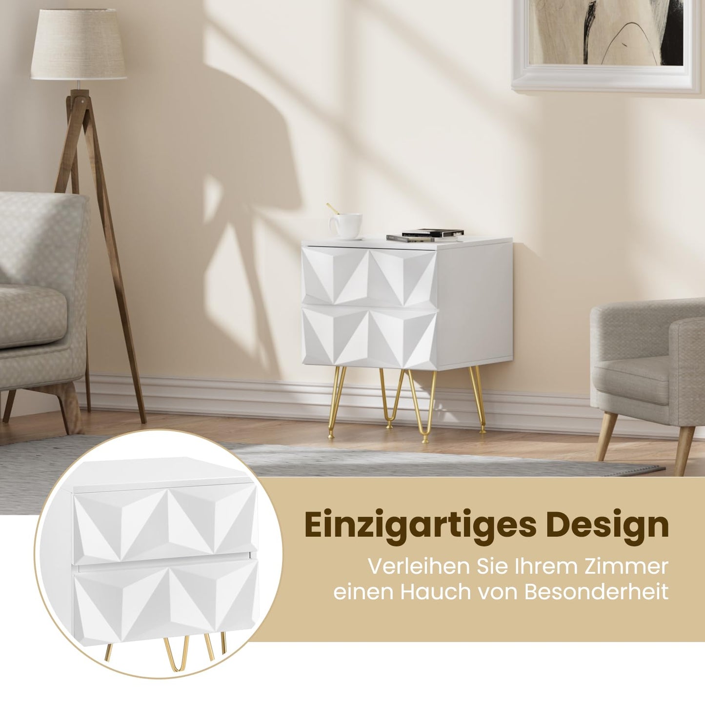 EUGAD Nachttisch mit 2 Schubladen – 3D-Front – weiß und gold – MDF und Metallbeine – 40 x 53 x 40 cm