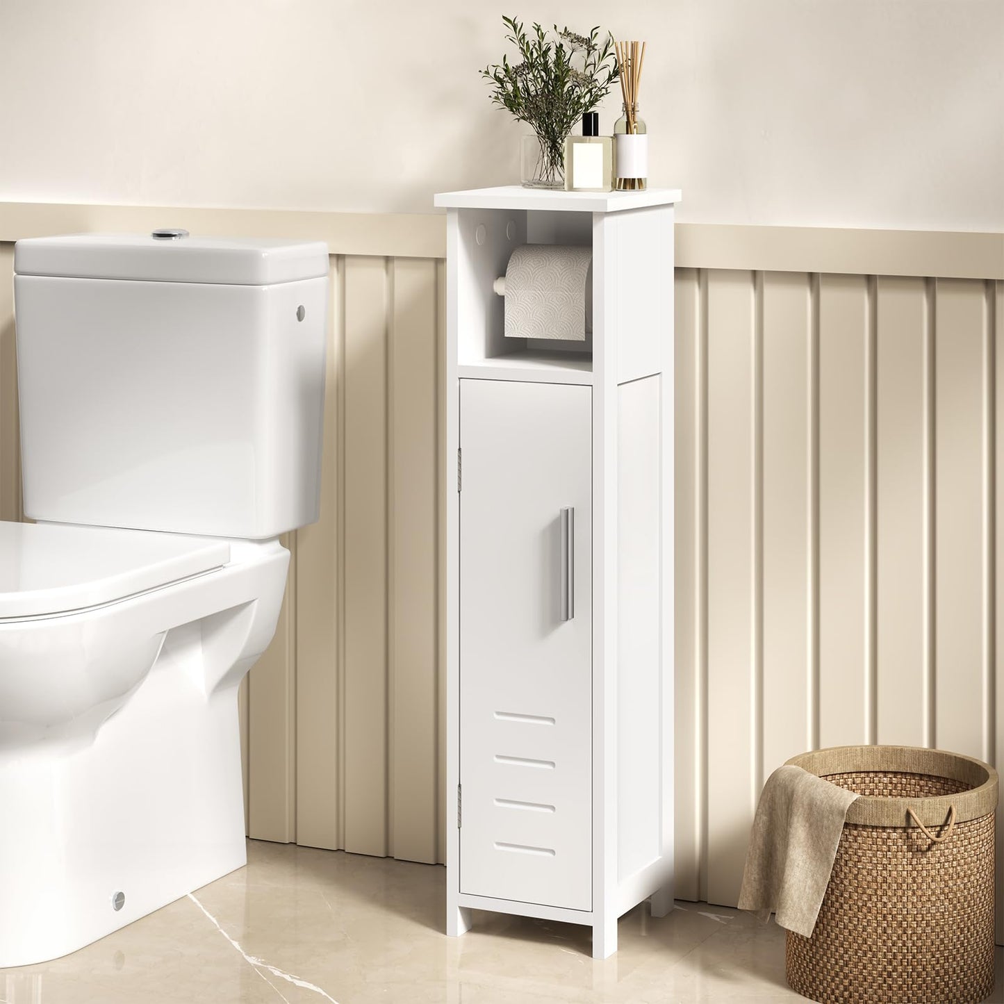 EUGAD 0229WY Toilettenschrank, Badezimmerschrank – schmal, weiß – verstellbares Regal und Toilettenpapierhalter