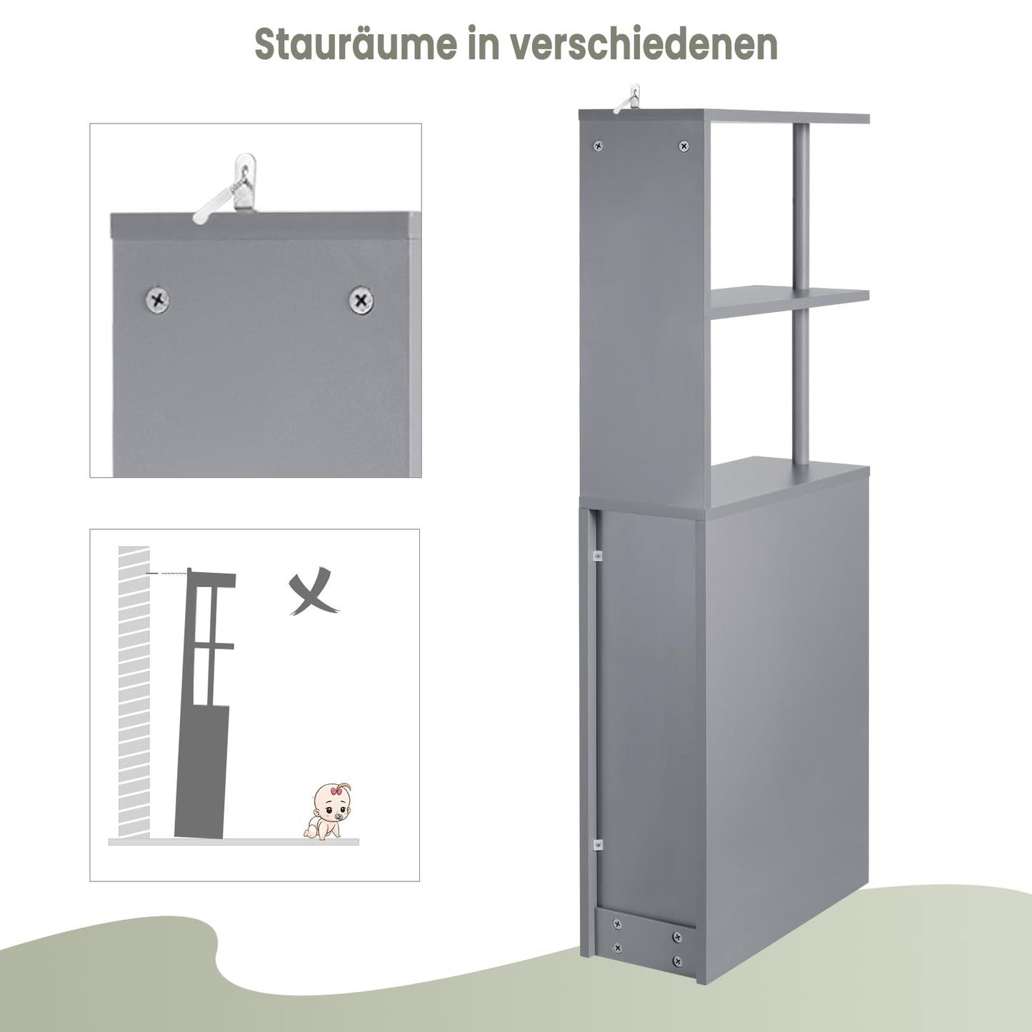 EUGAD schmaler Badezimmerschrank – Einbauschrank mit Schublade auf Führungen und offenen Fächern – multifunktionaler Aufbewahrungsschrank in Hellgrau
