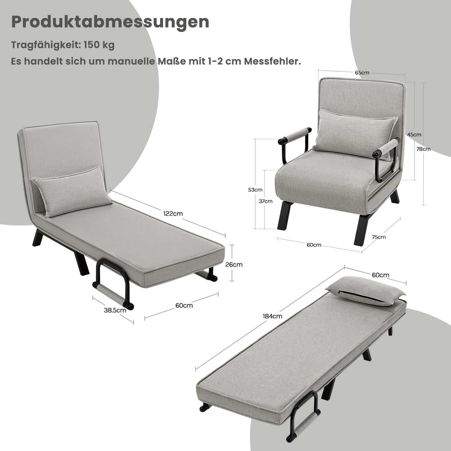 Woltu Schlafsessel – 3-in-1 – Verstellbare Rückenlehne – Leinen – 65 x 78 x 75 cm – Hellgrau