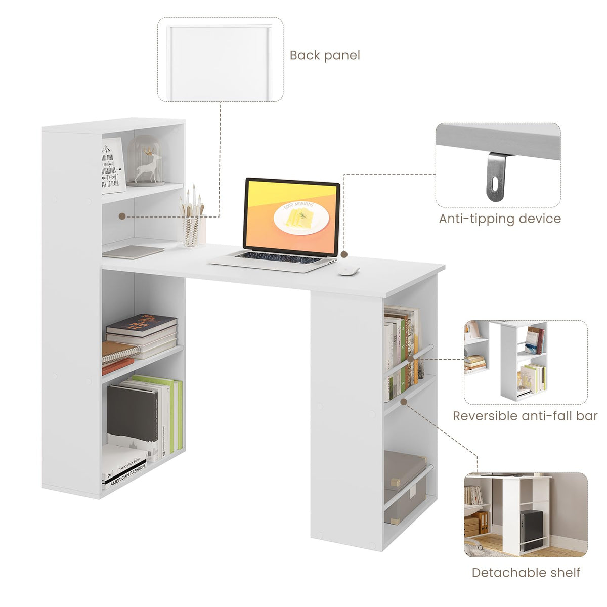 Esituro Schreibtisch – 120 x 55 x 120 cm – mit Stauraum und Bücherregal – Weiß