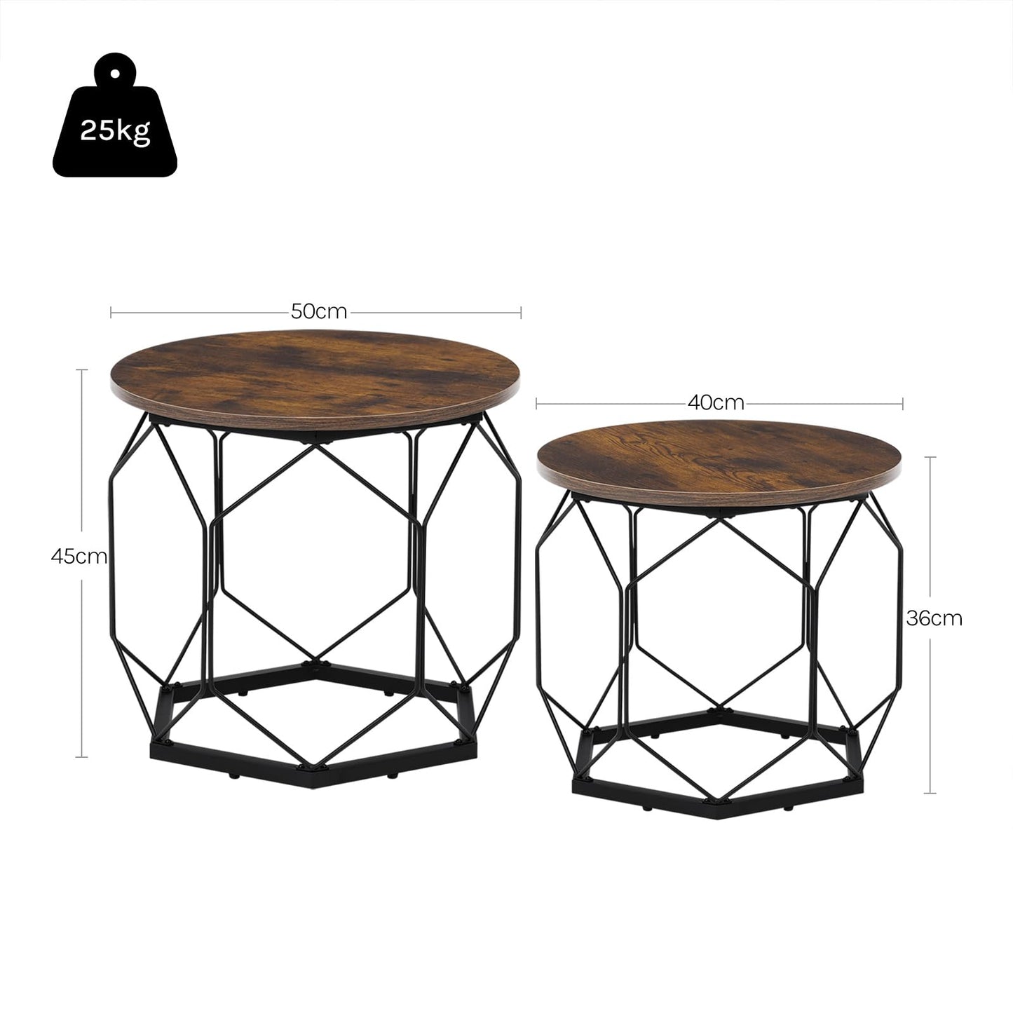 Woltu Couchtisch-Set – 2-teilig – rund – Holzmaserung Braun/Schwarz