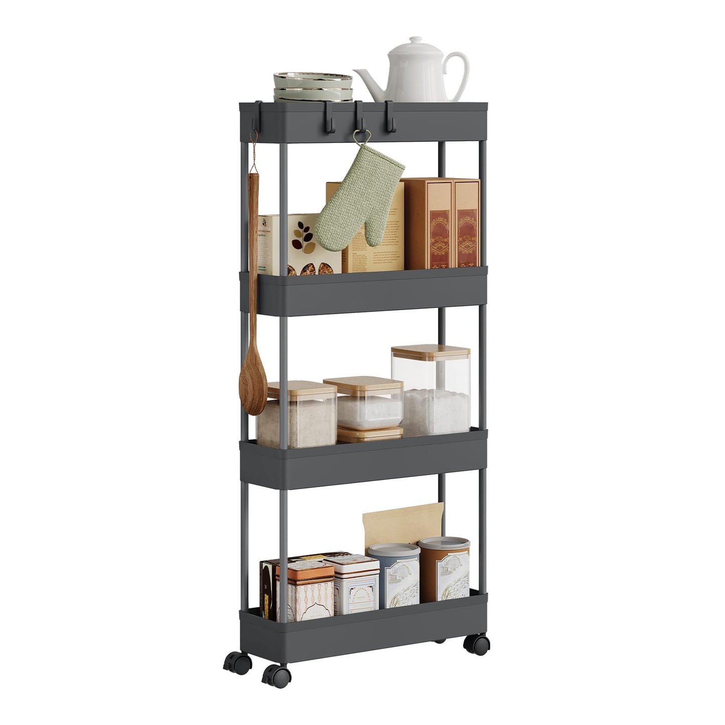 Klihome Servierwagen – Küchenwagen mit 4 Ablagen – auf Rollen – grau – 39 x 83,5 x 12,5 cm
