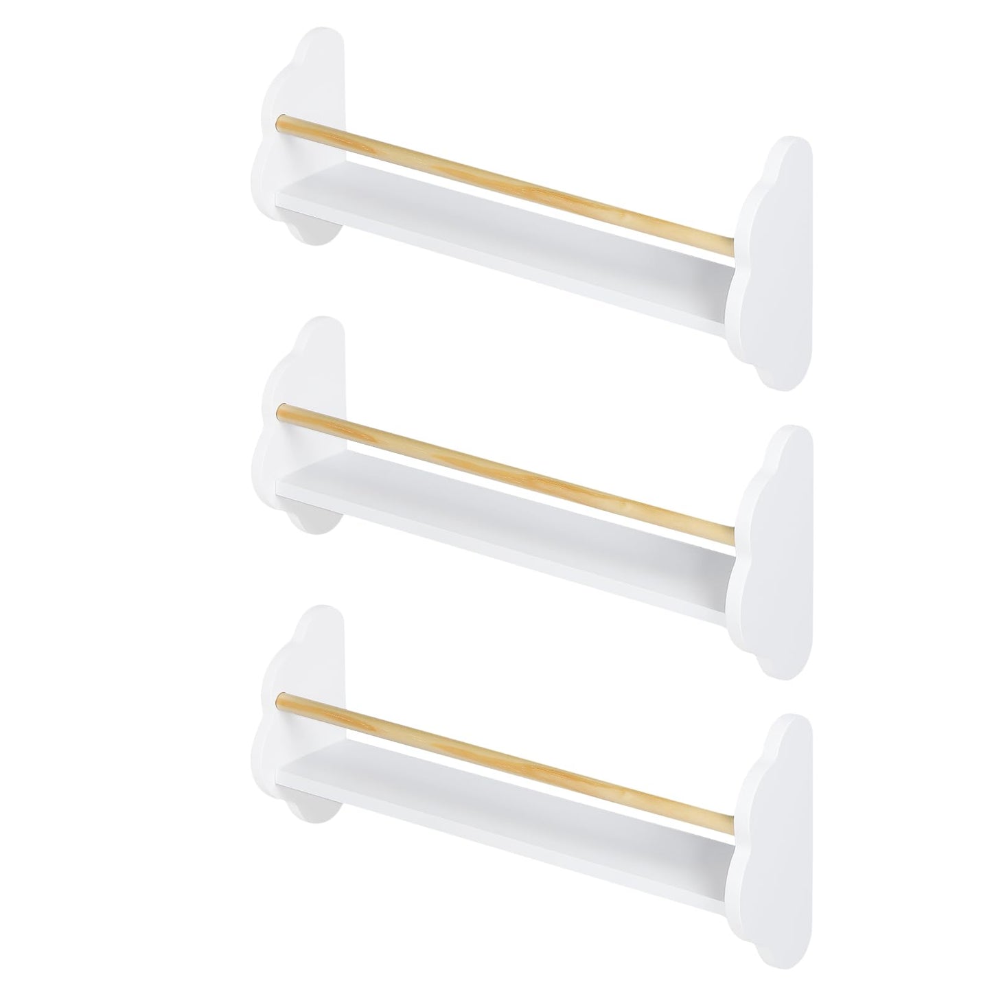 WOLTU Kinder-Wandregal-Set, 3-teilig – Wolkenform – weißes MDF mit Kiefernholzstange – 3 offene Fächer