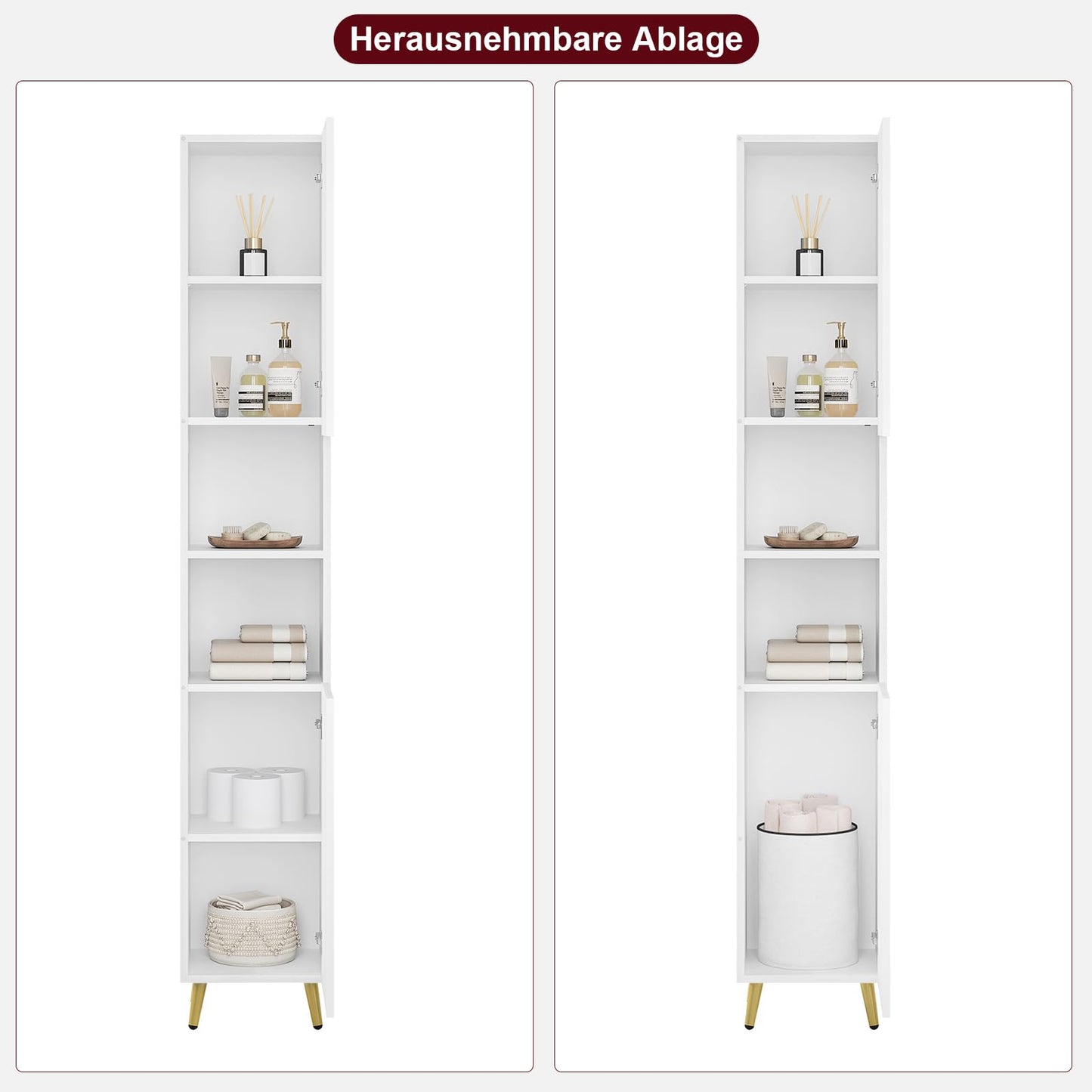 ESituro Hoher Badezimmerschrank – 2 Türen und 2 offene Fächer – verstellbare Einlegeböden – Hochglanzweiß – 30 x 180 x 28 cm