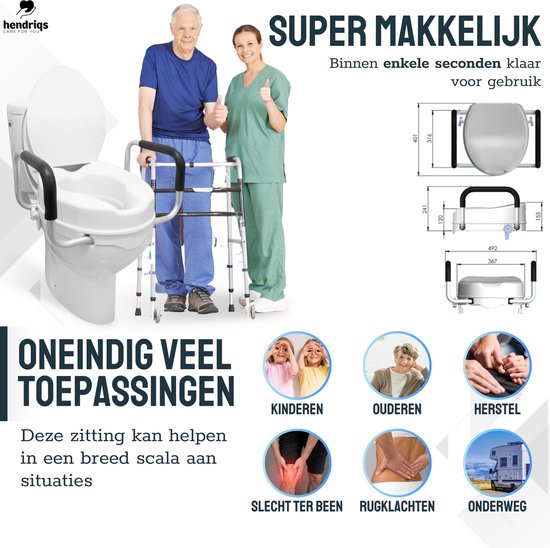 Hendriqs® WC-Sitzerhöhung 10 cm mit Armlehnen & Deckel – Toilettensitzerhöhung mit Armlehnen – Erhöhter Toilettensitz – Sitzverhöher für Erwachsene und Senioren – Höhenverstellbarer Toilettenstuhl – WC-Sitzverhöher – Toilettensitzverhöher