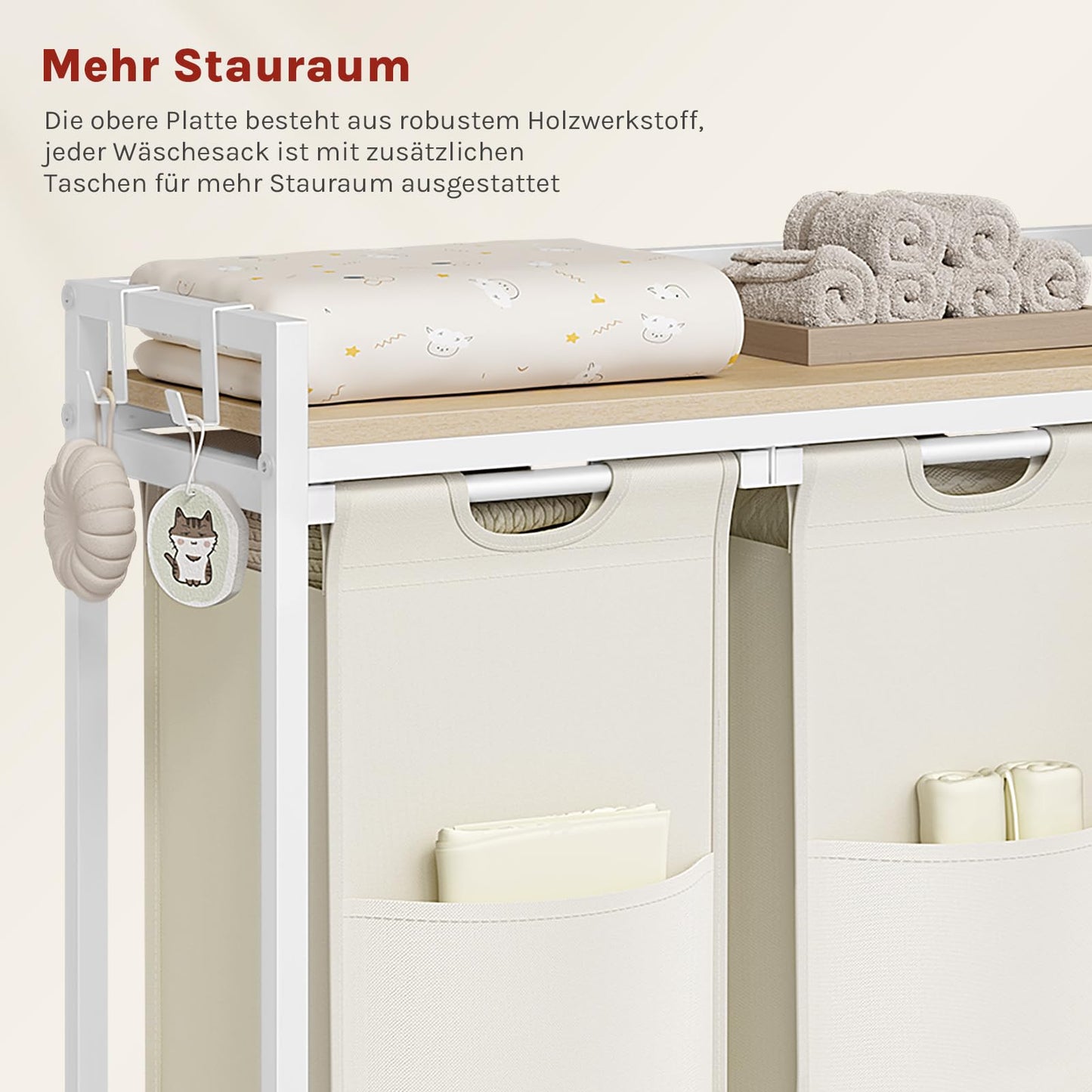Woltu Wäschekorb – 3 Fächer – 120 l – 96 x 71 x 30 cm – Weiß/Helle Eiche