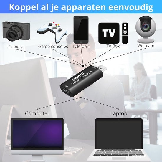 EarKings HDMI zu USB Adapter - Video Capture - geeignet für PlayStation, Xbox, Nintendo, Windows, MAC - Schwarz