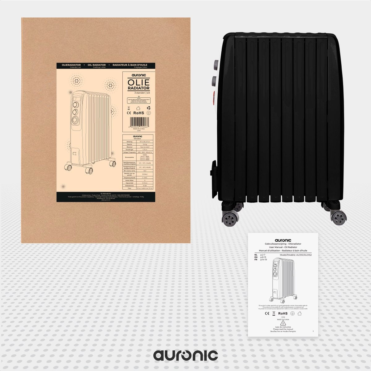 Auronic Ölradiator - Elektrische Heizung - Thermostat - Timer - 3 Stufen - bis zu 2000W - Schwarz