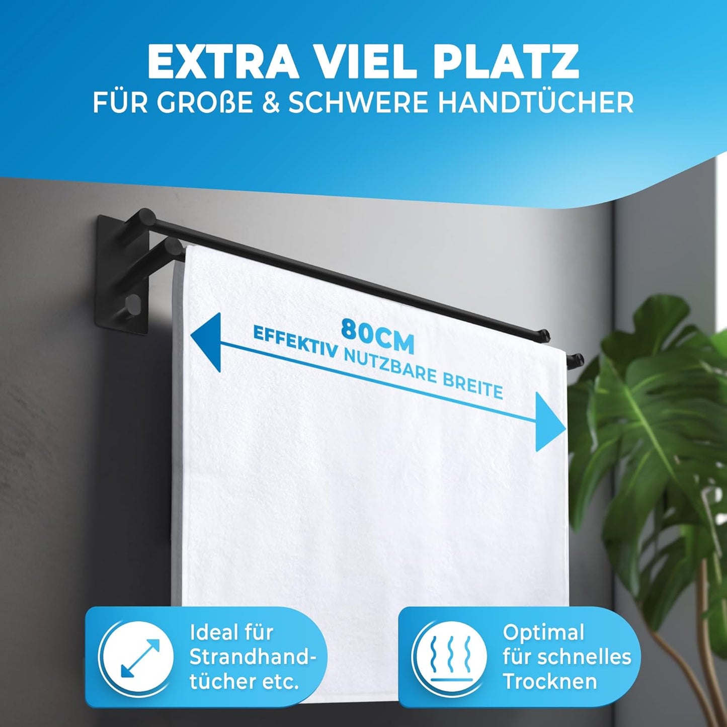LOBUX® - Handtuchhalter ohne bohren schwarz – 80cm, Edelstahl rostfrei – Handtuchhalter Bad doppelt, selbstklebend – Handtuchstange, Badetuchhalter inkl. 2 Handtuchhaken – Badezimmer, Duschwand, Küche