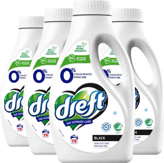 Dreft – Flüssigwaschmittel 0 % für dunkle Wäsche, 19 Waschgänge – 4 x 988 ml – Vorteilspackung