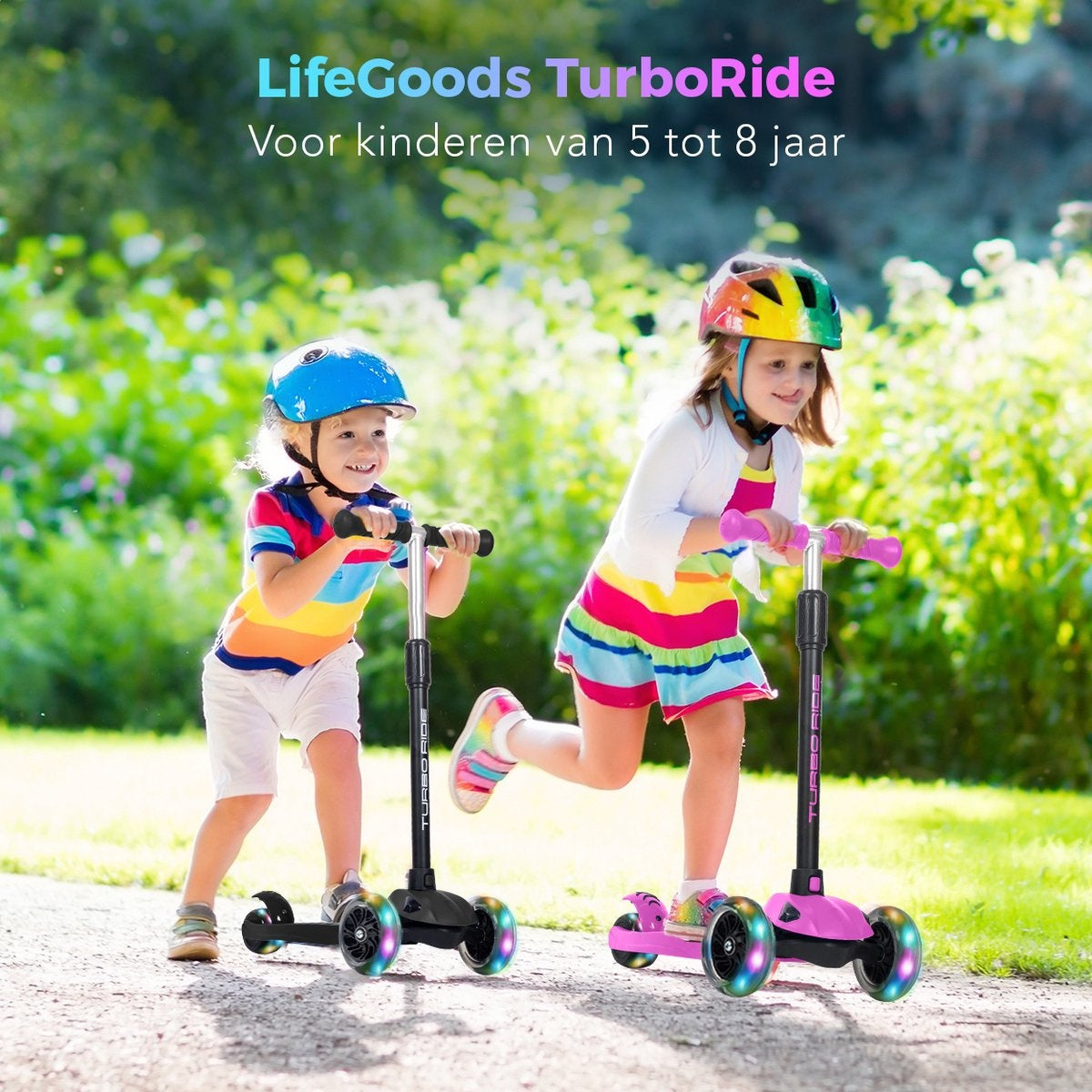 LifeGoods TurboRide Kids' Scooter - Stufe 5-8 Jahre - 3 leuchtende Räder - Jungen/Mädchen - Schwarz