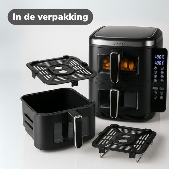 alpina Airfryer XXL - Doppel-Luftfritteuse 11L - Heißluftfritteuse 2 Körbe - Doppelt gestapelt für 8 Personen - Klappbares Display - Timerfunktion bis zu 60 Minuten - Temperatur 60-200°C - Schwarz