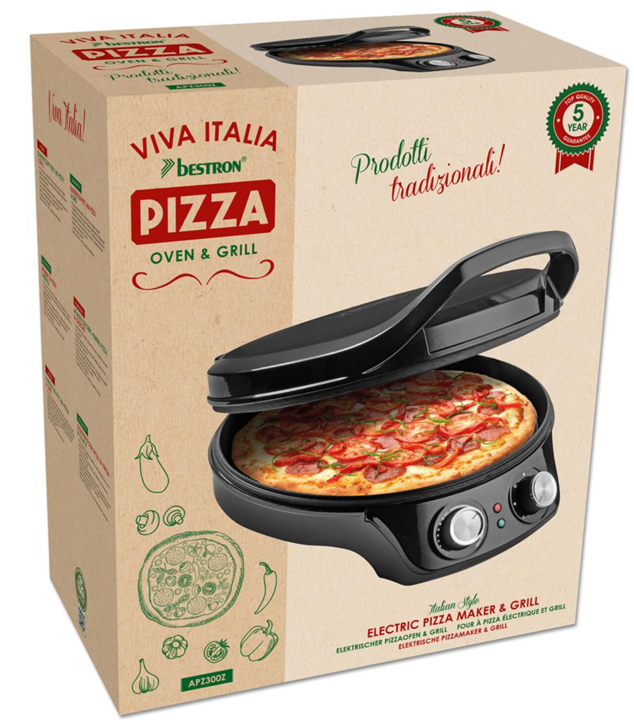 Bestron Pizzaofen APZ300Z – Ø 32 cm – Timer – einstellbarer Thermostat – Ober- und Unterhitze